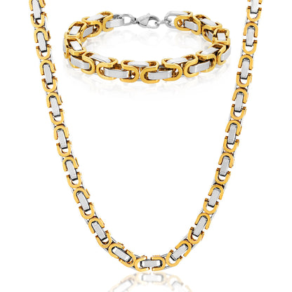 Invicta Jewelry Men's Byzantine Chain Gold Two Tone Bracelet and Necklace Set