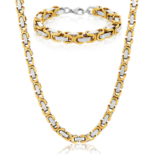 Invicta Jewelry Men's Byzantine Chain Gold Two Tone Bracelet and Necklace Set