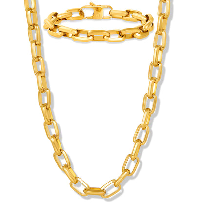Invicta Jewelry Men's Beveled Edge Nautical Link Gold Bracelet and Necklace Chain Set