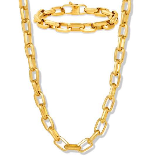 Invicta Jewelry Men's Beveled Edge Nautical Link Gold Bracelet and Necklace Chain Set