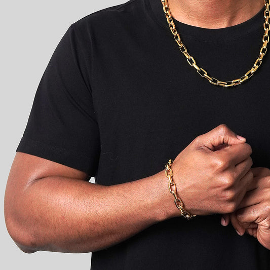 Men's Beveled Edge Large Nautical Oval Gold Link Chain Bracelet