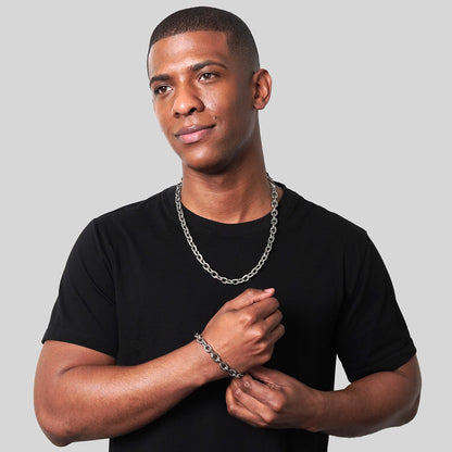Men's Knife Edge Oval Link Chain Bracelet and Necklace Set