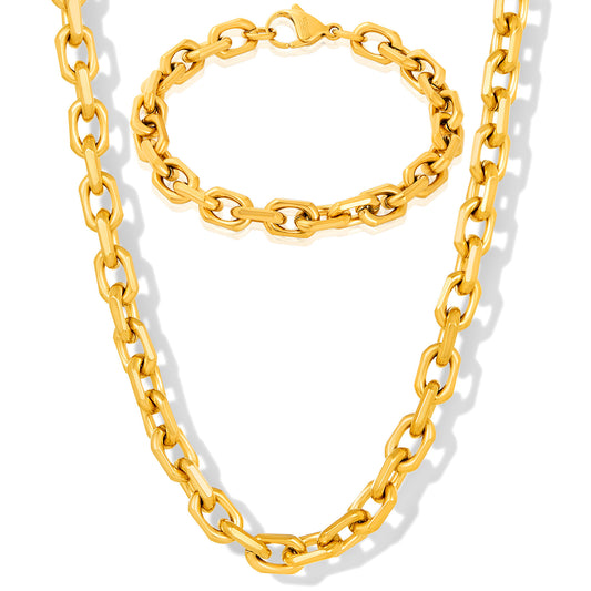 Invicta Jewelry Men's Beveled Edge Rectangular Link Gold Bracelet and Necklace Set