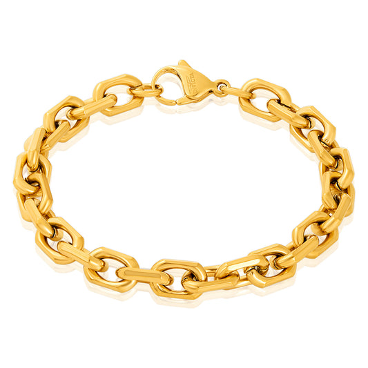 Men's Beveled Edge Rectangular Link Gold Chain Bracelet