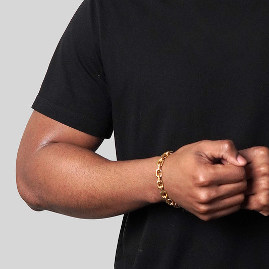 Men's Beveled Edge Rectangular Link Gold Chain Bracelet