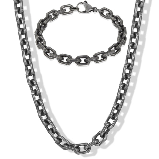 Invicta Jewelry Men's Beveled Edge Rectangular Link Gunmetal Bracelet and Necklace Set