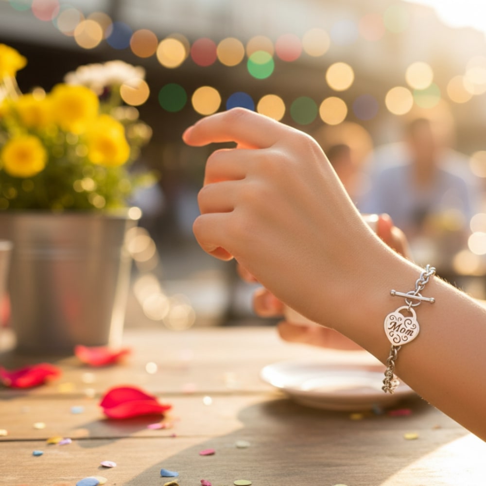 ELYA Women's Engraved Mom Heart Charm Toggle Clasp Steel Bracelet