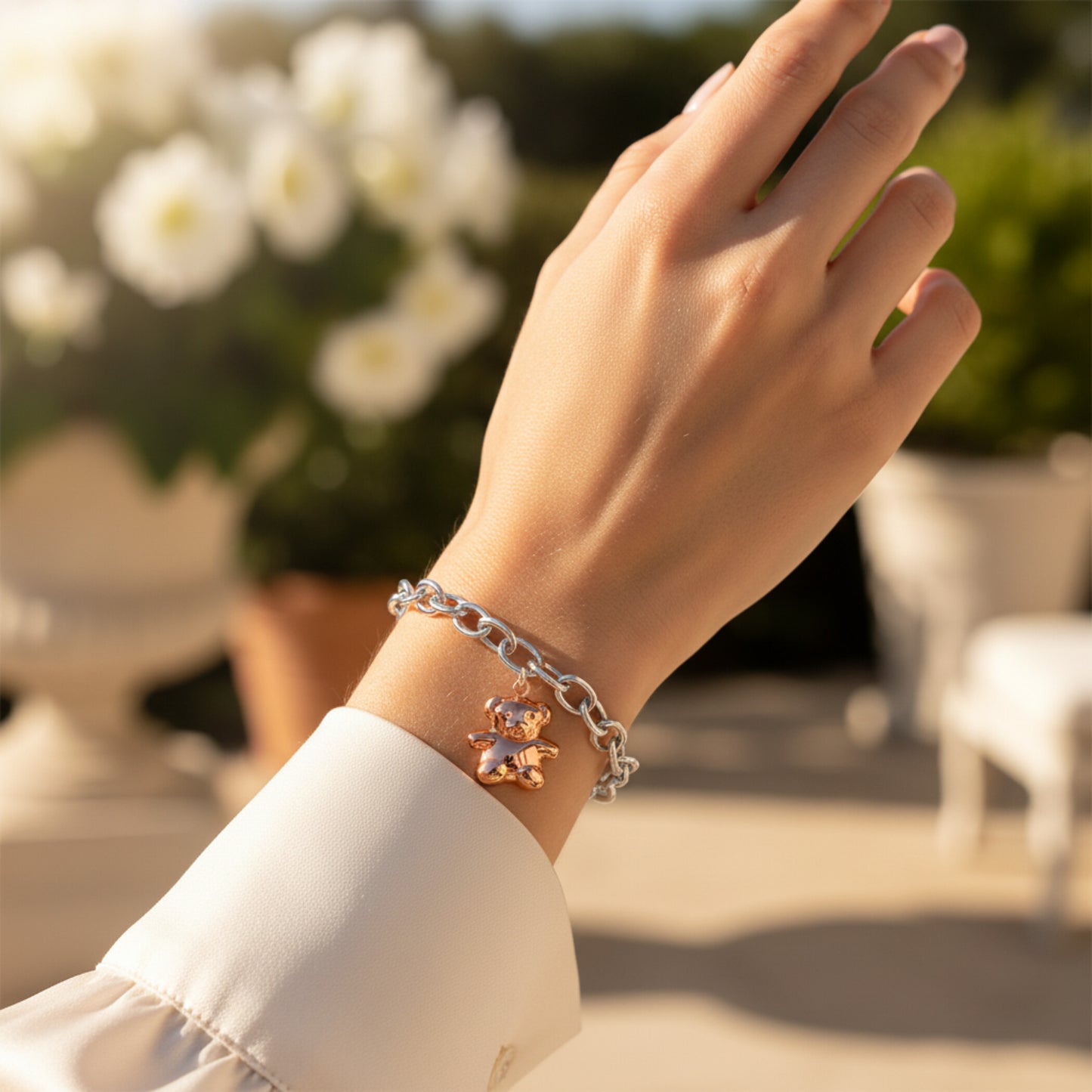 ELYA Women's Polished Bear Charm Stainless Steel Bracelet - 7.5"