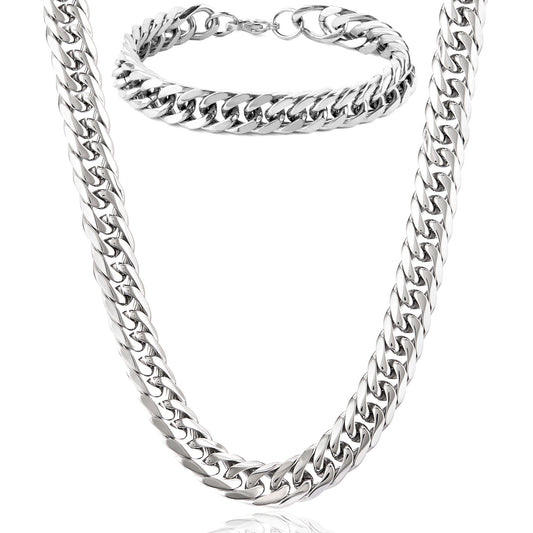 Crucible Jewelry Men's Bracelet and Necklace Stainless Steel Curb Chain Set