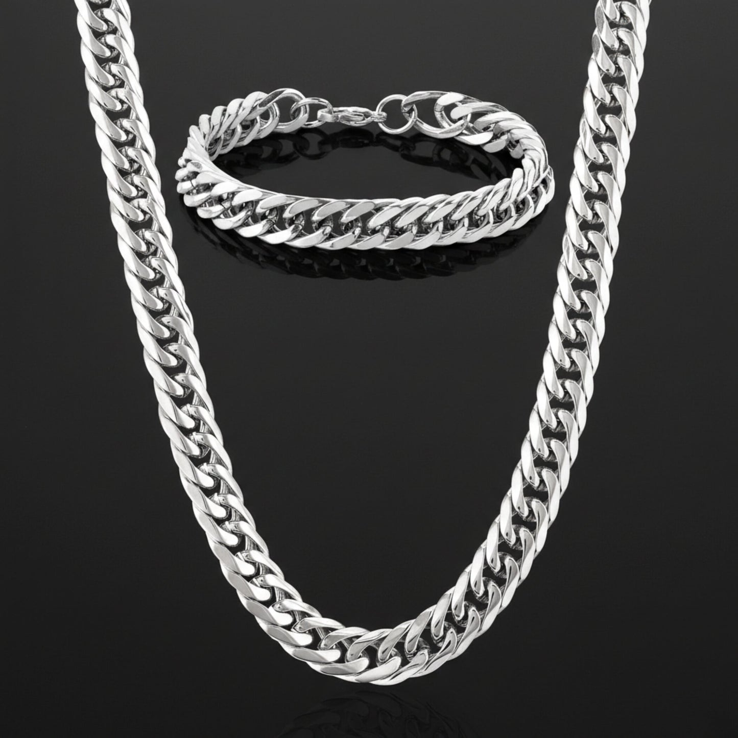 Men's Bracelet and Necklace Stainless Steel Curb Chain Set