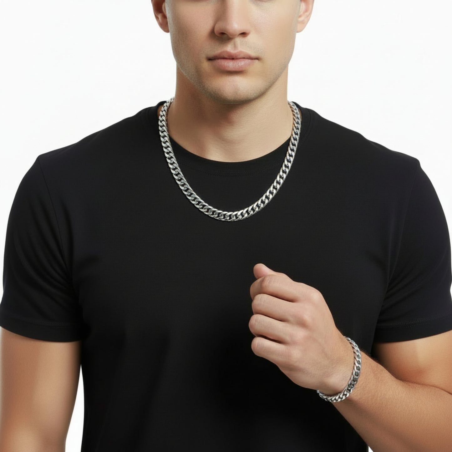 Men's Bracelet and Necklace Stainless Steel Curb Chain Set
