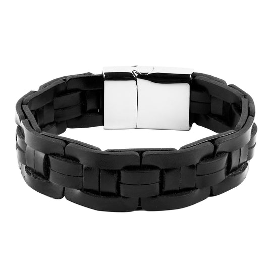 Men's Stainless Steel Genuine Black Braided Leather Cuff Bracelet (20mm) - 8"
