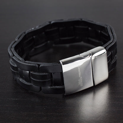 Men's Stainless Steel Genuine Black Braided Leather Cuff Bracelet (20mm) - 8"