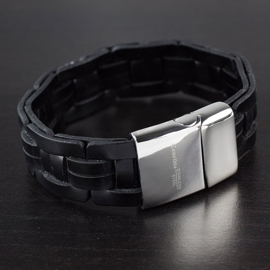 Men's Stainless Steel Genuine Black Braided Leather Cuff Bracelet (20mm) - 8"