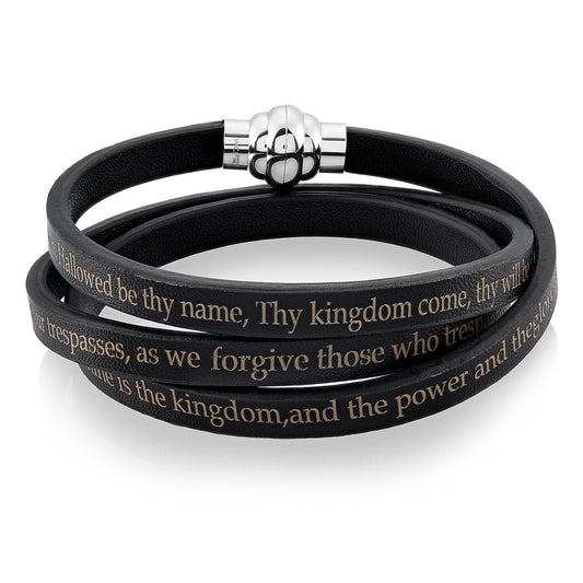 Men's or Women's Leather Lord's Prayer Wrap Bracelet with Magnet Clasp