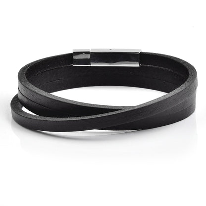 Men's Stainless Steel Clasp Black Leather Wrap Bracelet