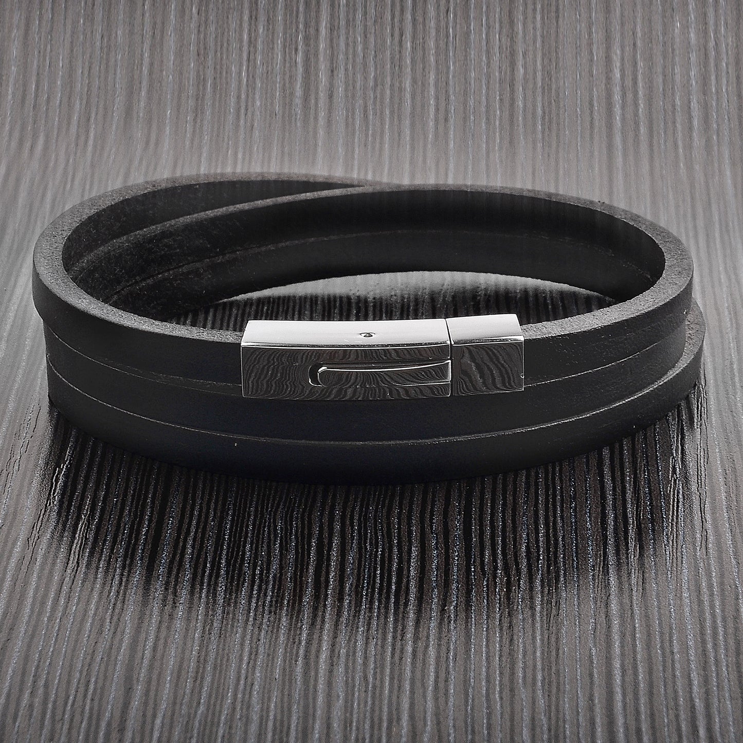 Men's Stainless Steel Clasp Black Leather Wrap Bracelet