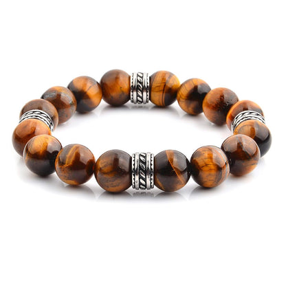 Crucible Jewelry Polished Tiger Eye and Steel Tribal Beaded Stretch Bracelet (12mm)