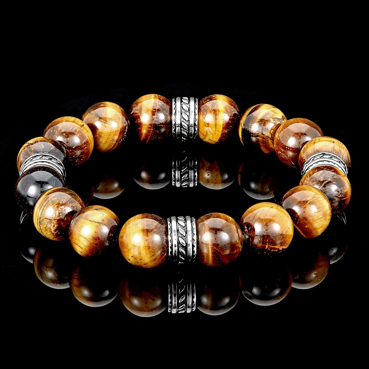 Crucible Jewelry Polished Tiger Eye and Steel Tribal Beaded Stretch Bracelet (12mm)