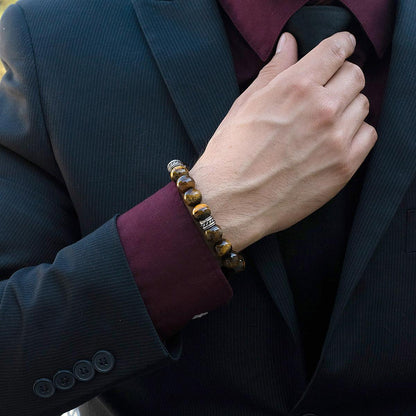 Crucible Jewelry Polished Tiger Eye and Steel Tribal Beaded Stretch Bracelet (12mm)