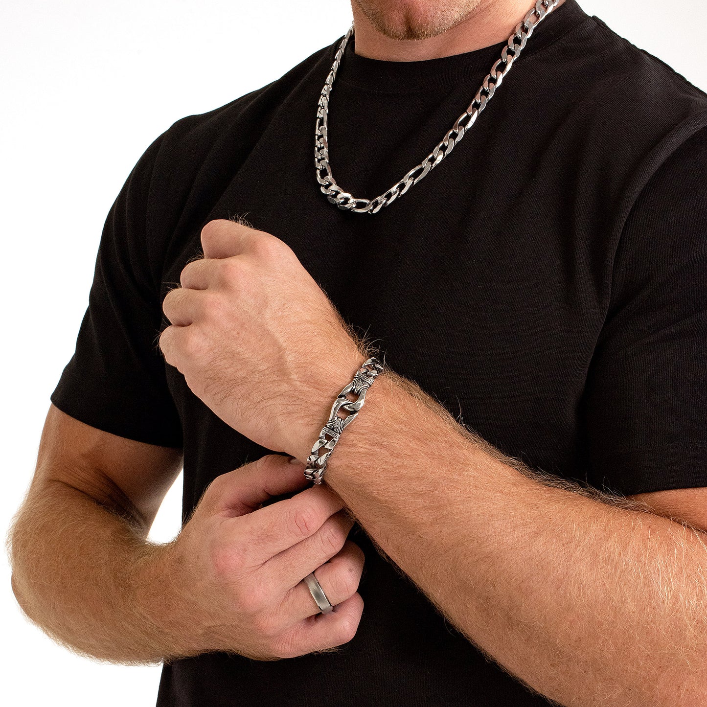 Men's Antiqued Fleur-de-Lis Stainless Steel Curb Chain Bracelet