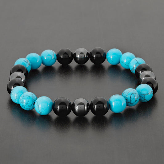 Turquoise, Onyx and Hematite Stone Bead Stretch Bracelet
