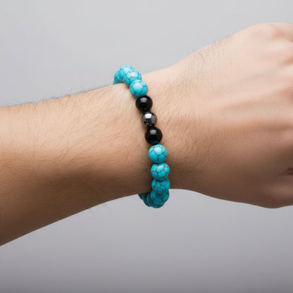 Turquoise, Onyx and Hematite Stone Bead Stretch Bracelet