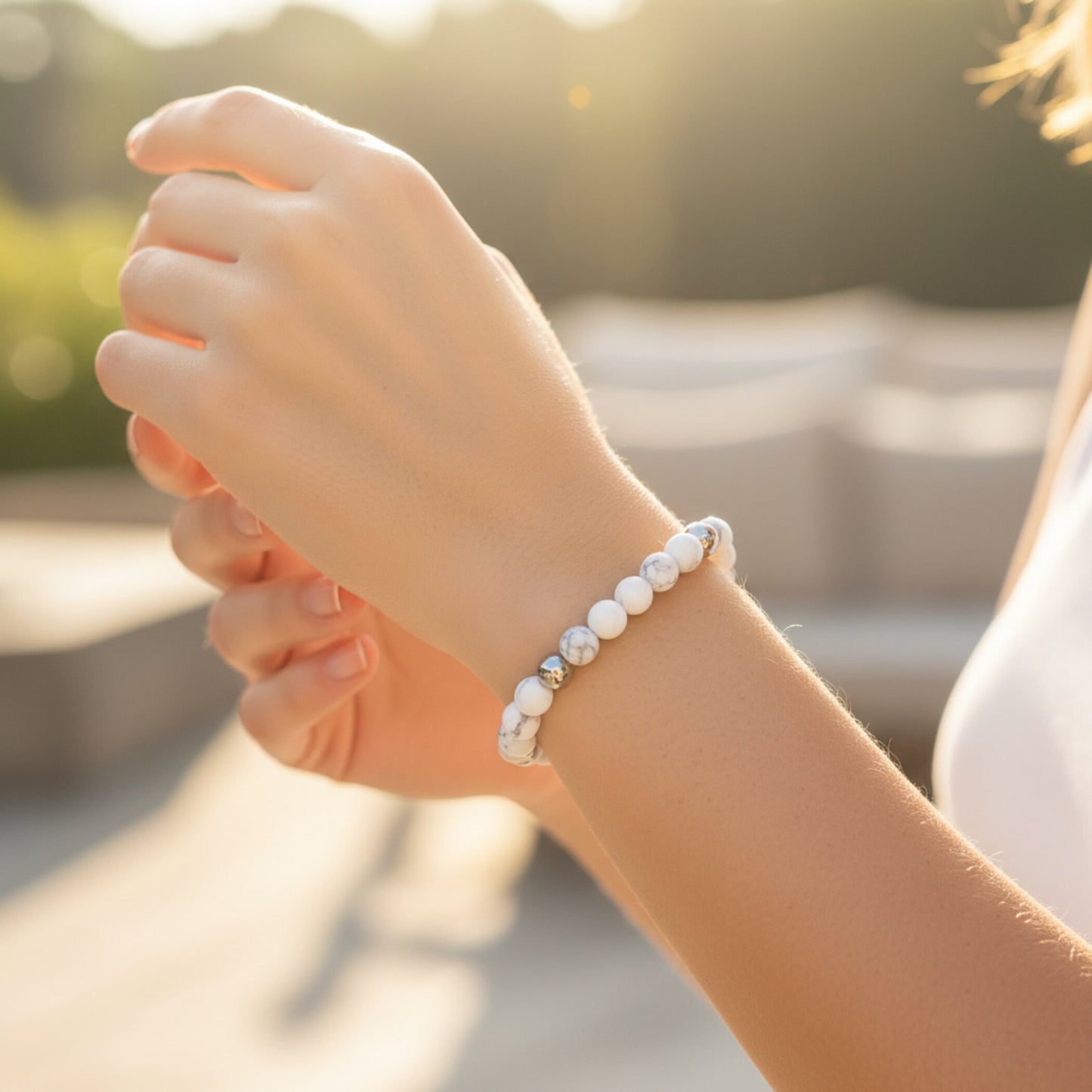 ELYA Women's White Turquoise Beaded Stainless Steel Bracelet
