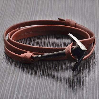 Men's Black Plated Polished Stainless Steel Anchor Leather Wrap Bracelet