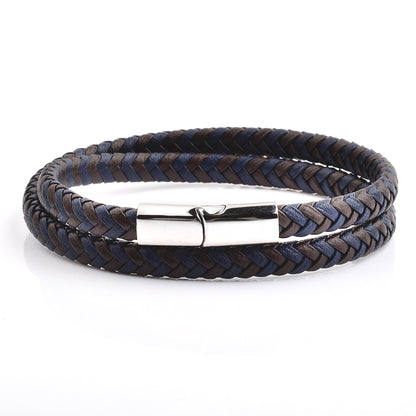 Men's Braided Blue and Brown Leather Wrap Bracelet