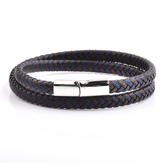 Men's Braided Blue and Brown Leather Wrap Bracelet