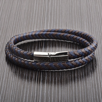 Men's Braided Blue and Brown Leather Wrap Bracelet
