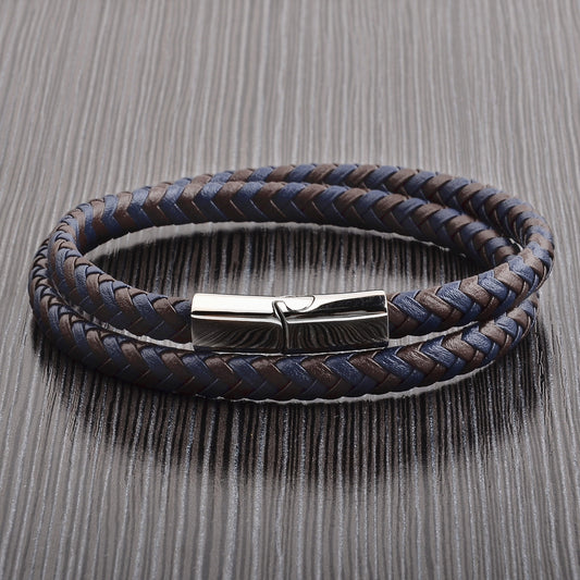 Men's Braided Blue and Brown Leather Wrap Bracelet