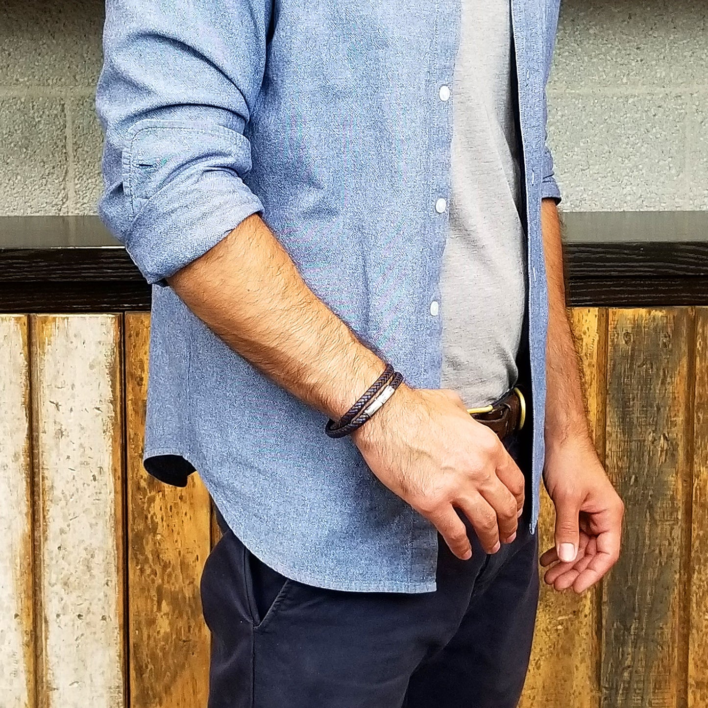 Men's Braided Blue and Brown Leather Wrap Bracelet