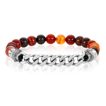 Men's Red Agate Stone and Buddha Beads Steel Stretch Bracelet (8mm)