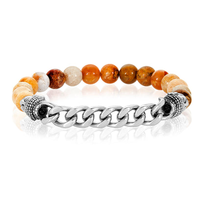 Men's Earth Agate Stone and Buddha Beads Steel Stretch Bracelet (8mm)