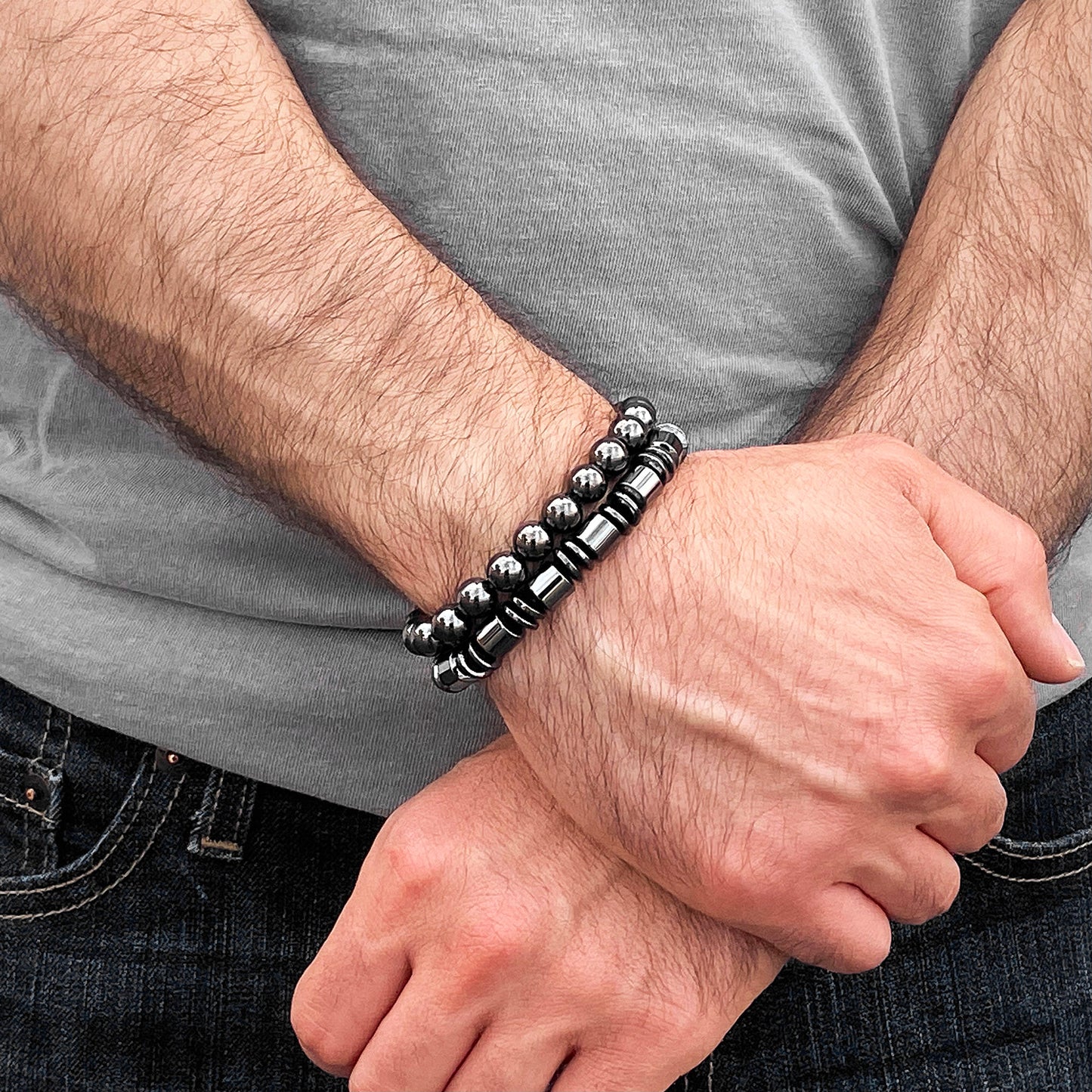 Polished Magnetic Hematite Round Stone Bead Stretch Bracelet (8mm Wide)