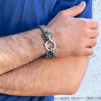 Men's Polished Stainless Steel Lion Heads Franco Chain Bracelet (17mm) - 8.5"