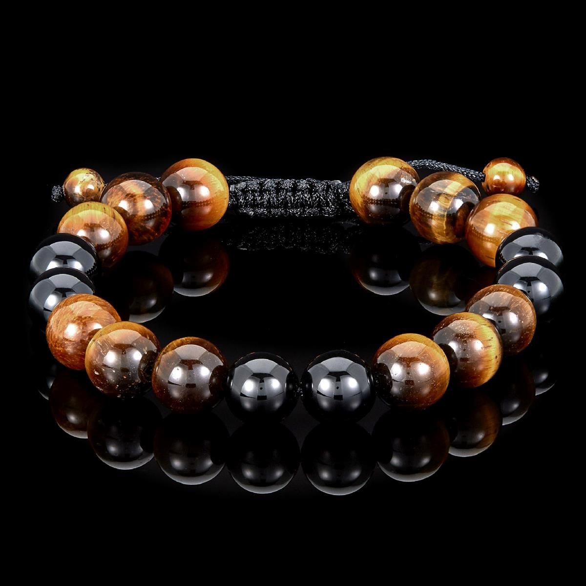 Crucible Jewelry Tiger Eye and Black Onyx Polished Bead Adjustable Bracelet (10mm)