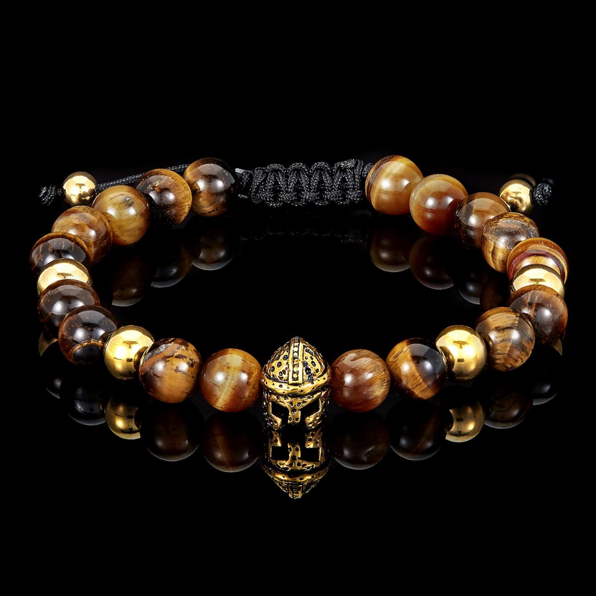 Crucible Jewelry Tiger Eye and Gold Stainless Steel Spartan Helmet Bead Adjustable Bracelet