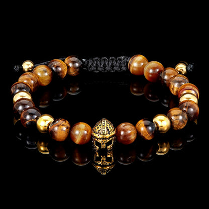 Crucible Jewelry Tiger Eye and Gold Stainless Steel Spartan Helmet Bead Adjustable Bracelet