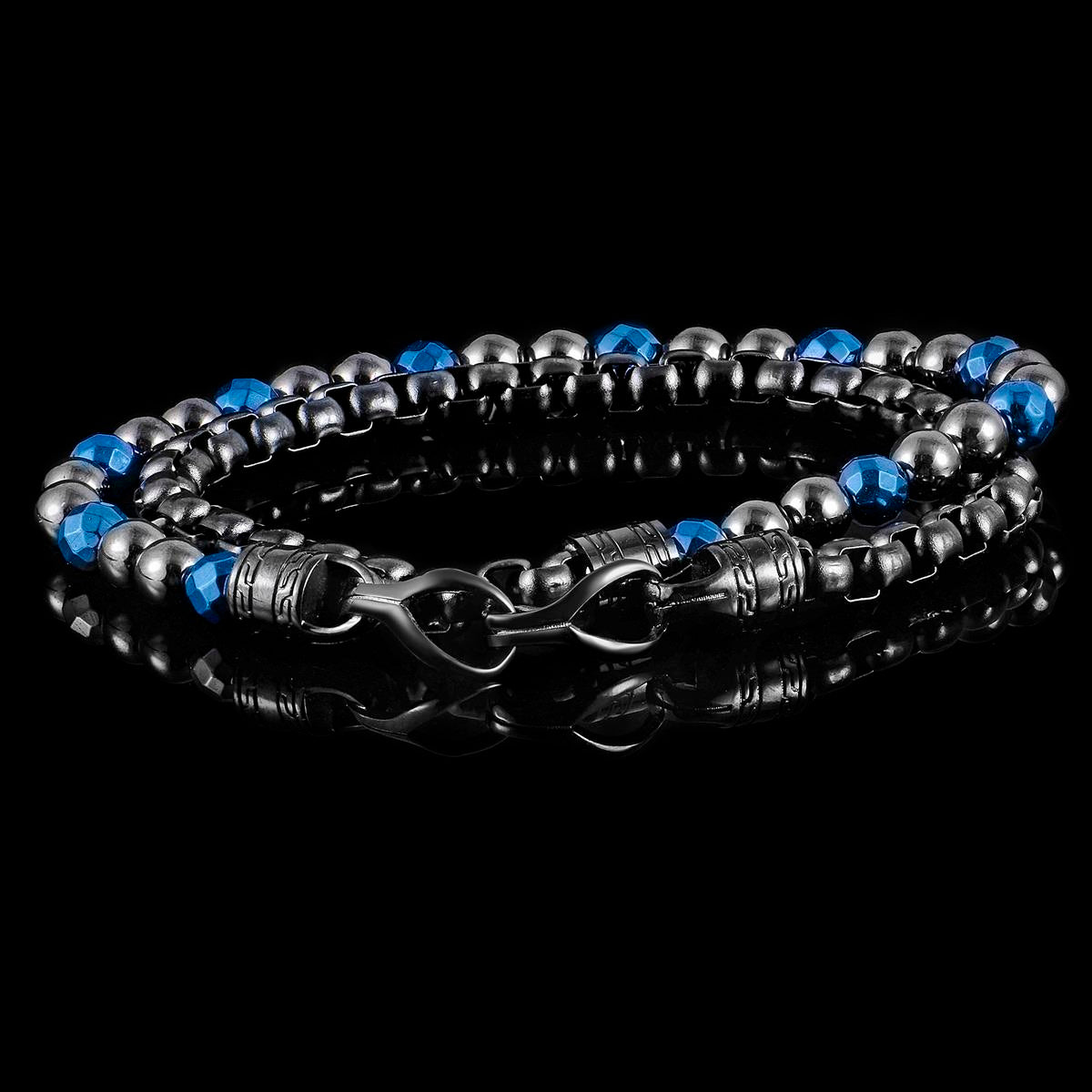 Gunmetal Plated Steel and 6mm Round/Faceted Blue Hematite Bracelet