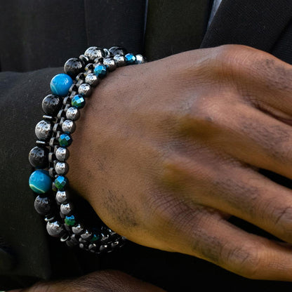 Gunmetal Plated Steel and 6mm Round/Faceted Blue Hematite Bracelet