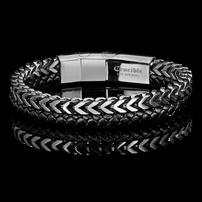 Crucible Jewelry Polished Stainless Steel Black Leather and Franco Chain Bracelet with Black Nylon Cord