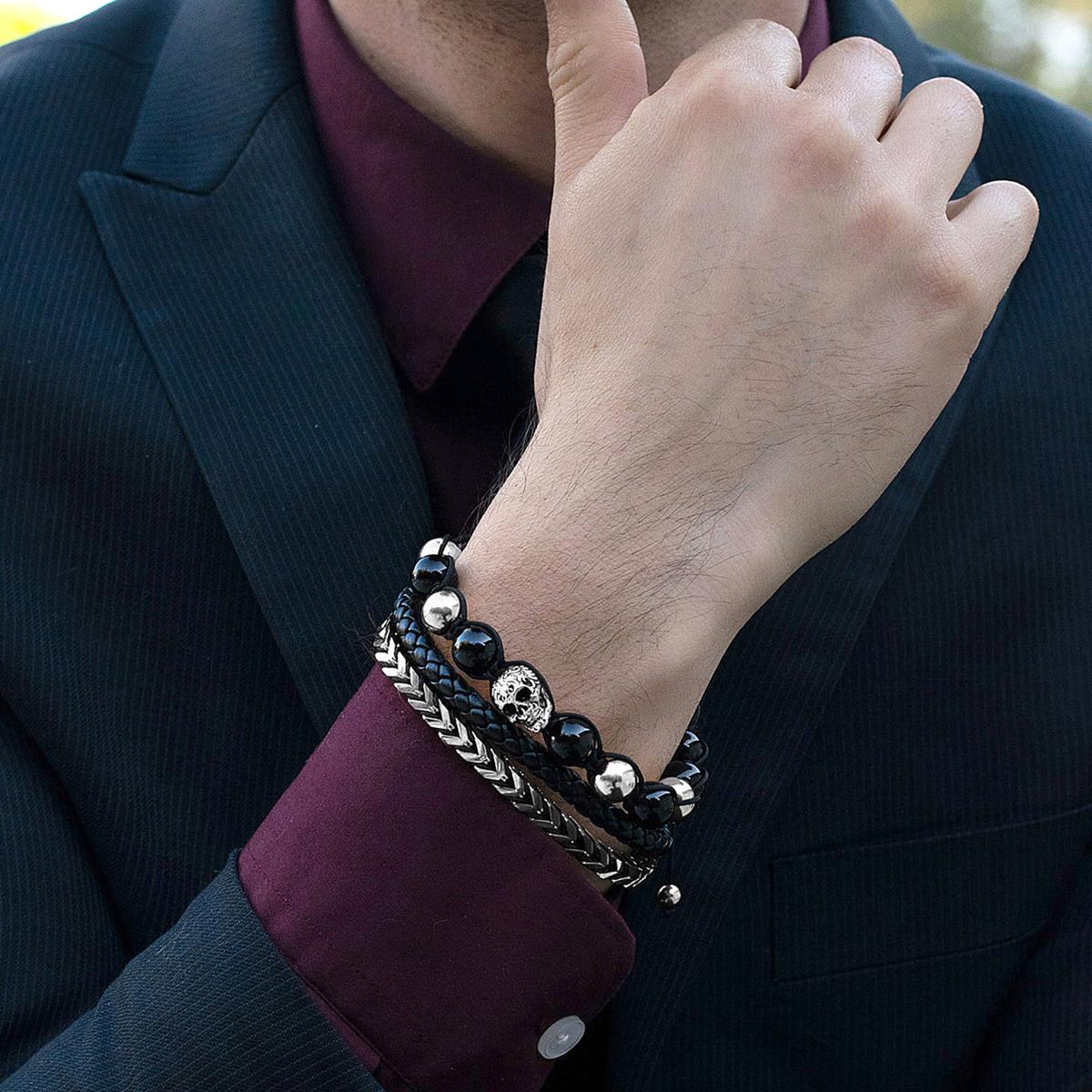 Polished Black Leather and Franco Chain Bracelet with Black Nylon Cord