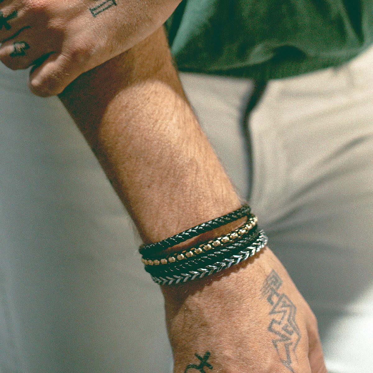 Polished Black Leather and Franco Chain Bracelet with Black Nylon Cord