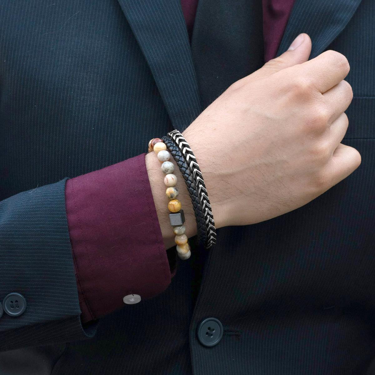 Polished Black Leather and Franco Chain Bracelet with Black Nylon Cord