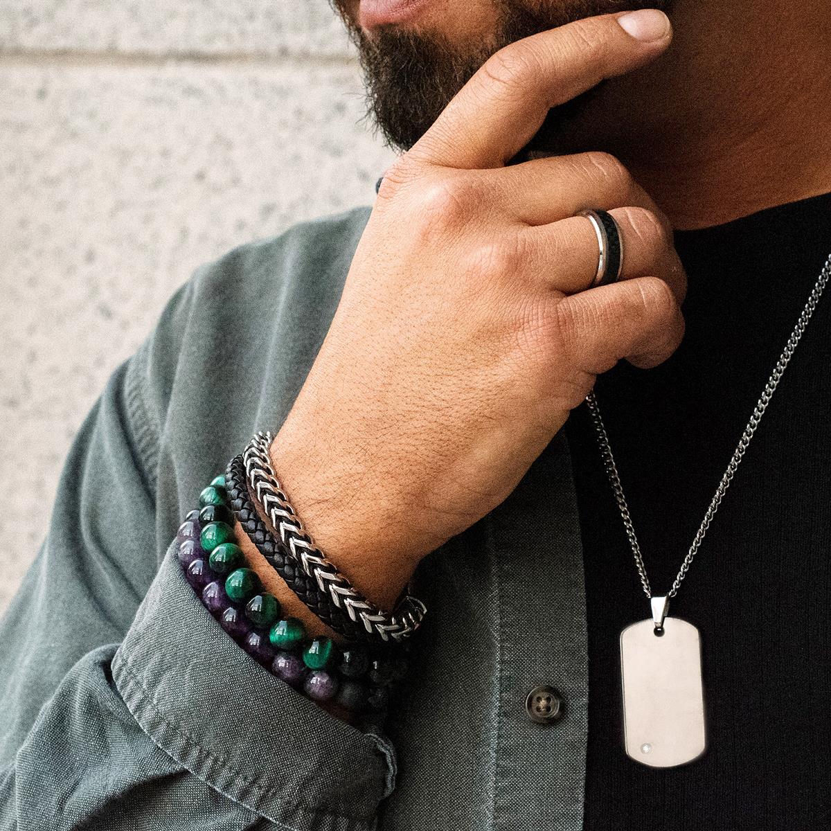 Polished Black Leather and Franco Chain Bracelet with Black Nylon Cord