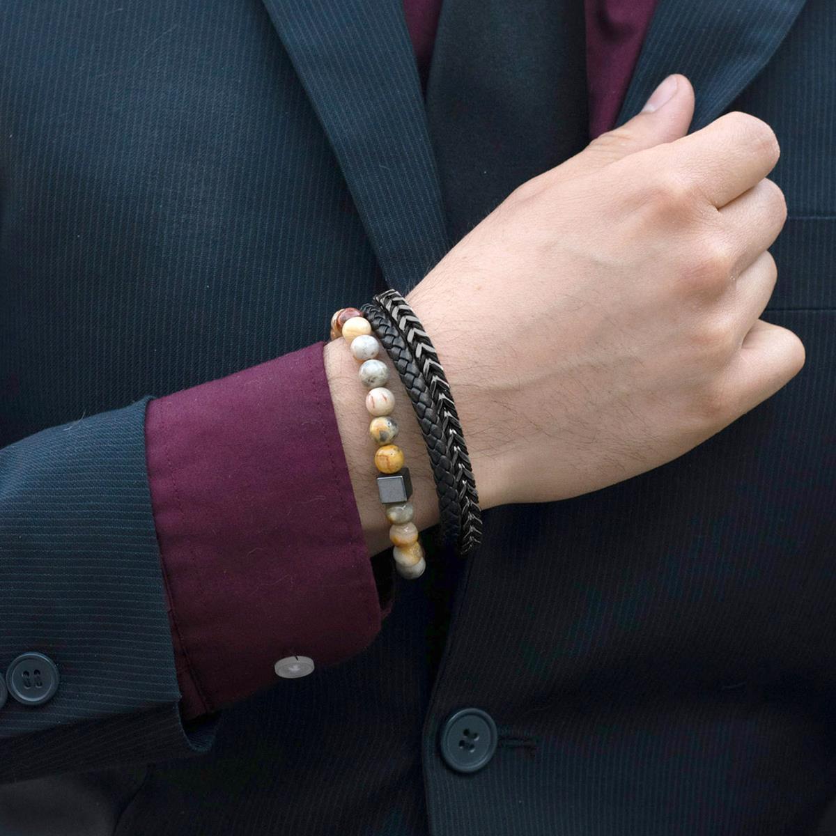 Polished Black Leather and Franco Chain Bracelet with Black Nylon Cord