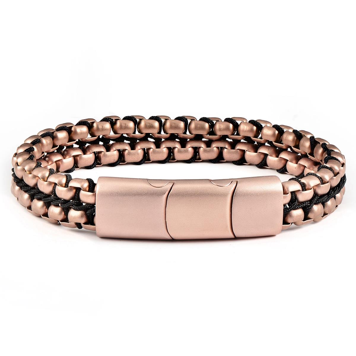 Crucible Jewelry Rose Gold Matte Finish Stainless Steel Double Row Box Chain Bracelet with Black Nylon Cord